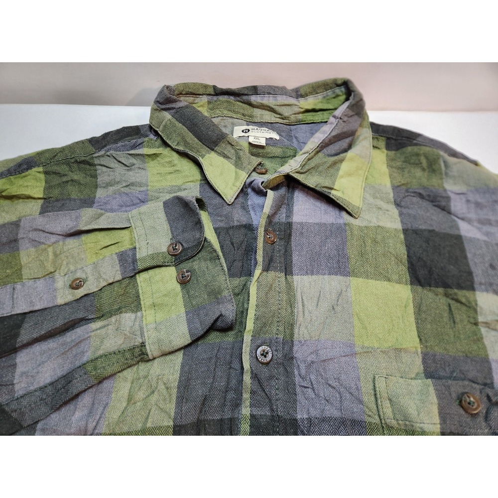 Haggar Clothing Mens XXL Plaid Flannel Long Sleeve Button‎ Up Shirt Green